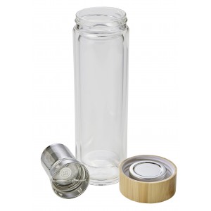 Bamboo and glass double walled bottle Vicente, brown (Water bottles)