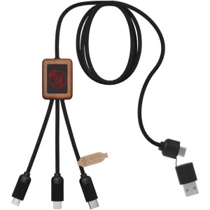 SCX.design C38 3-in-1 rPET light-up logo charging cable with squared wooden casing, Red, Wood (Eletronics cables, adapters)