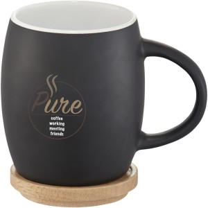 Hearth 400 ml ceramic mug with wooden lid/coaster, solid black,White (Mugs)